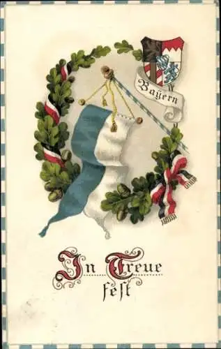 Wappen Litho In Treue fest, Bayrisches Wappen, Fahne, Eichenlaub