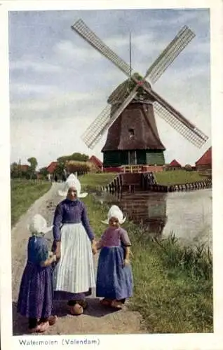 Ak Volendam Nordholland Niederlande, Mädchen in Trachten, Windmühle