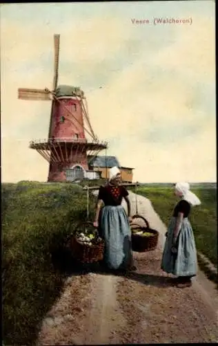 Ak Veere Zeeland Niederlande, Volkstrachten, Windmühle