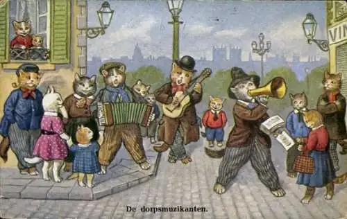 Ak Vermenschlichte Katzen musizieren auf der Straße, Musikinstrumente, Konzert