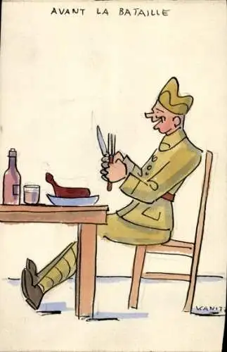 Handgemalt Ak Französischer Soldat beim Essen