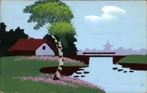 Handgemalt Ak Birke am Fluss, Brücke, Haus