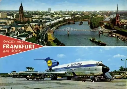 Ak Frankfurt am Main, Stadtpanorama, Dom, Eiserner Steg, Flughafen Rhein Main, Flugzeug Lufthansa