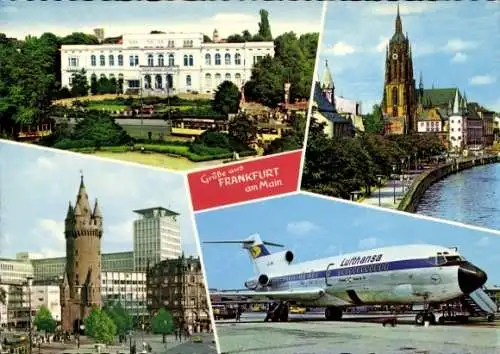 Ak Frankfurt Main, Passagierflugzeug Lufthansa, Flughafen, Gesellschaftshaus, Dom, Eschenheimer Turm