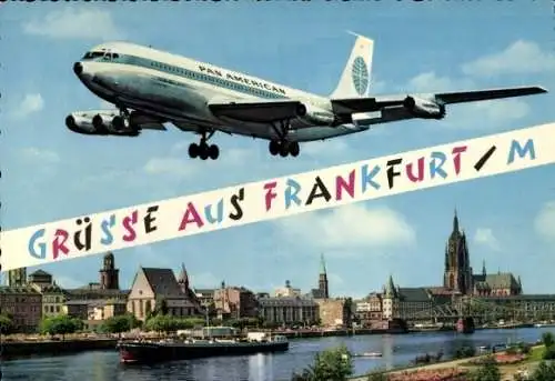 Ak Frankfurt Main, Passagierflugzeug der Pan American, Stadtpanorama