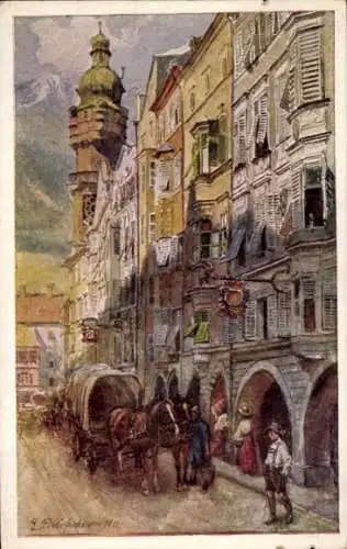 Künstler Ak Hofecker, Innsbruck, Herzog Friedrich Straße, Fuhrwerk, Planwagen