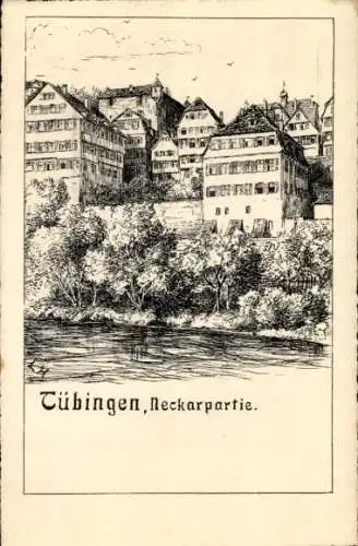 Künstler Ak L. H., Tübingen am Neckar, Häuser am Neckarufer