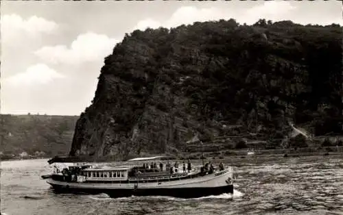 Ak Ausflugsschiff Tijdgeest auf dem Rhein, Loreleyfelsen, Reederei W. F. Feenstra, Rotterdam