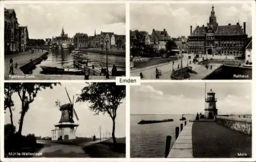 Ak Emden in Ostfriesland, Rathaus Delft, Rathaus, Mühle Wallanlage, Mole, Signalturm