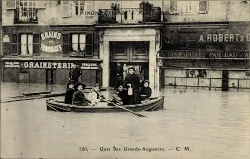 Postkarte Paris VI, Quai des Grands Augustins, Die große Seine-Flut Januar 1910