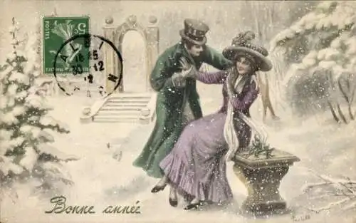 Künstler Ak Glückwunsch Neujahr, Liebespaar im Schnee, Frau wehrt Mann ab