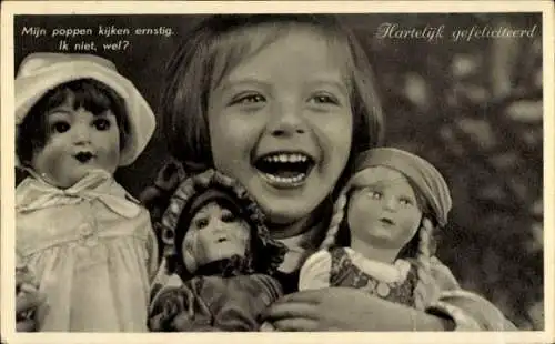 Ak Glückwunsch Geburtstag, Mädchen mit drei Puppen