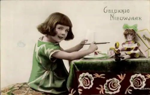 Ak Glückwunsch Neujahr, Mädchen schreibt einen Brief, Puppe
