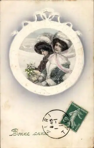 Präge Passepartout Ak Glückwunsch Neujahr, Zwei junge Frauen mit Mistelzweigen