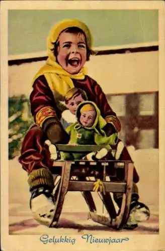 Ak Glückwunsch Neujahr, Kind mit Puppen auf einem Schlitten