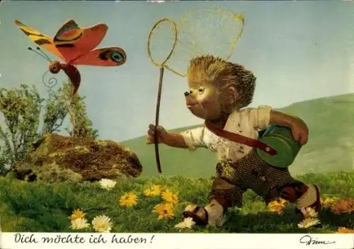 Ak Mecki der Igel, Dich möchte ich haben, Igelkind mit Schmetterlingsnetz