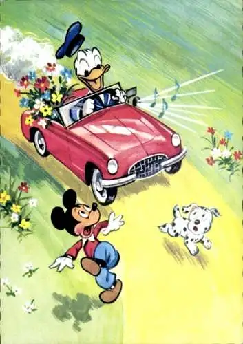 Ak Walt Disney, Micky Maus, Donald Duck, Auto, Hund