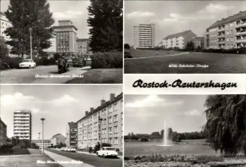 Ak Reutershagen Rostock, Rudolf-Breitscheid-Straße, Willi-Schröder-Straße, Fontäne