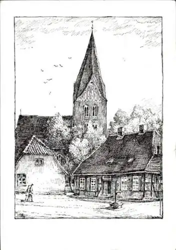 Künstler Ak Neubukow in Mecklenburg, Kirche, Fachwerkhaus