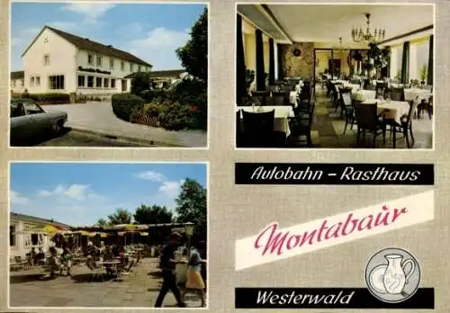 Ak Montabaur, Autobahn Rasthaus, Aussen- und Innenansicht