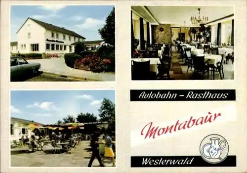 Ak Montabaur, Autobahn Rasthaus, Aussen- und Innenansicht