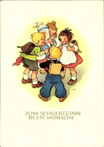 Künstler Ak Glückwunsch zur Einschulung, Kinder mit Zuckertüten