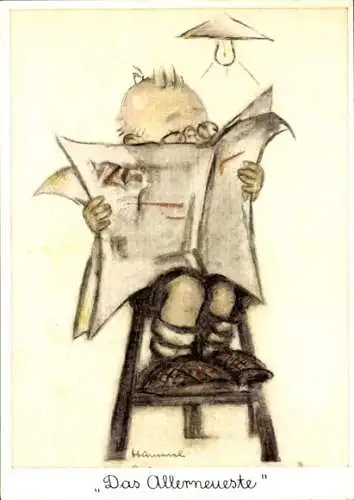 Künstler Ak Hummel, Berta, Nr. 5728, Das Allerneueste, Junge liest Zeitung