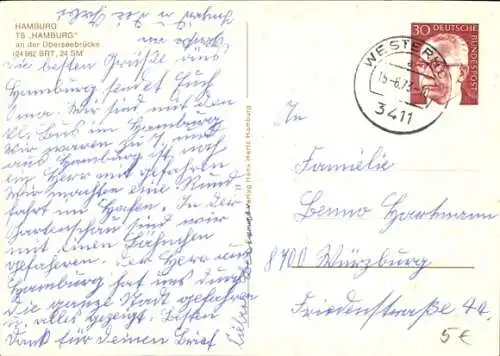 Ak Hamburg, TS Hamburg, Überseebrücke, Hamburg Atlantic Line