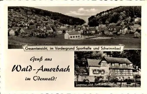 Ak Wald Amorbach Breuberg im Odenwald, Gesamtansicht, Sporthalle, Schwimmbad, Gasthaus Waldesruh