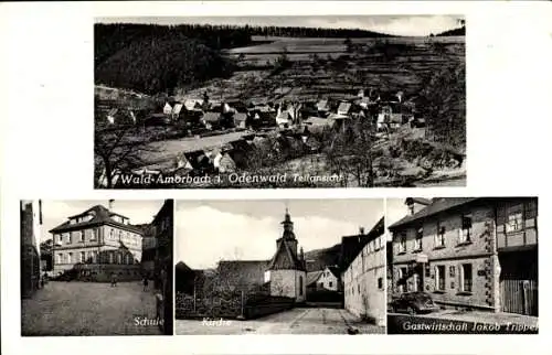 Ak Wald Amorbach Breuberg im Odenwald, Teilansicht, Schule, Kirche, Gastwirtschaft Jakob Trippel