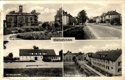 Ak Bischofsheim Mainspitze Hessen, Rathaus, Darmstädter Straße, Kindergarten, Friedrich-Ebert-Platz