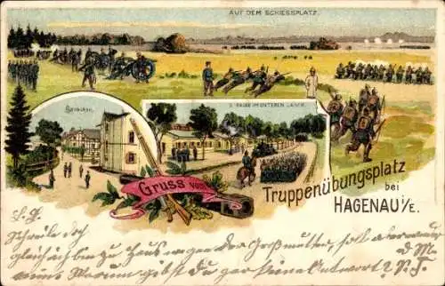 Litho Haguenau Hagenau im Elsass Bas Rhin, Truppenübungsplatz, Baracken, Straße im unteren Lager