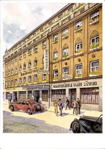 Künstler Ak München, Hotel Bahnhofhospiz Drei Löwen, Schillerstraße