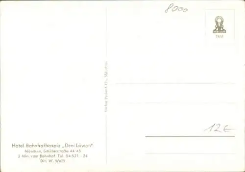 Künstler Ak München, Hotel Bahnhofhospiz Drei Löwen, Schillerstraße