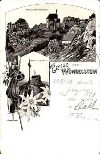 Litho Bayrischzell im Mangfallgebirge Oberbayern, Wendelstein, Kirchlein, Wendelsteinspitze