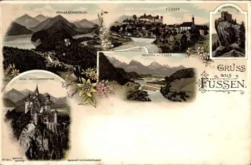 Litho Füssen im Allgäu, Hohenschwangau, Schloss Neuschwanstein, Vilsthal, Edelweiß