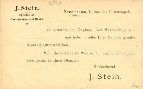 Ak Messelhausen Lauda Königshofen in Tauberfranken, Geschäftskorrespondenz J. Stein