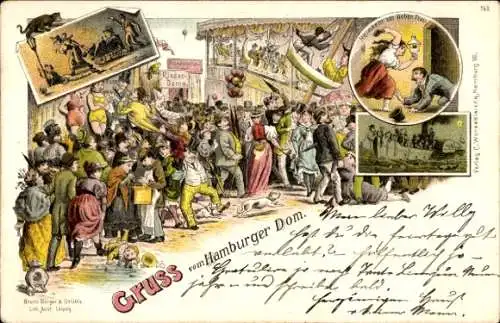 Litho Hamburg, Dom, Jahrmarkt, Schiffschaukel, Menschenmenge