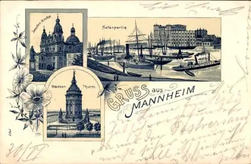 Litho Mannheim in Baden, Hafen, Wasserturm, Jesuiten-Kirche