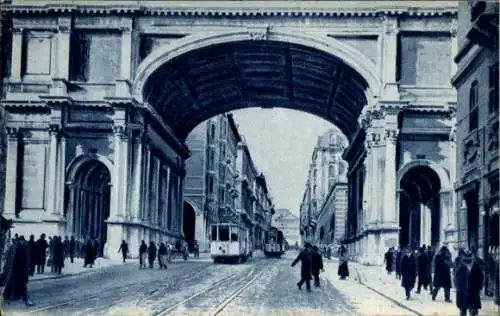 Ak Genova Genua Liguria, Straßenbahnen passieren Brücke