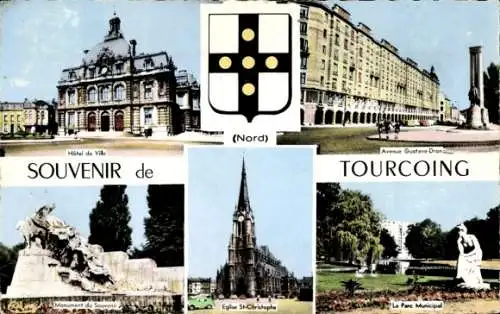 Ak Tourcoing Nord, Rathaus, Avenue Gustave-Dron, Kirche St. Christophe, Monument du Souvenir, Wappen