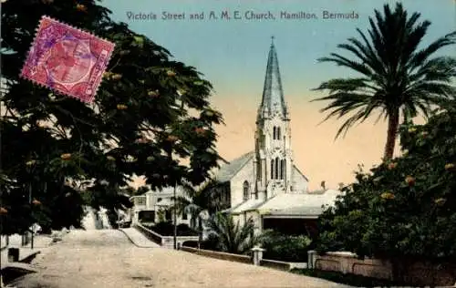 Ak Hamilton Bermuda, Gesamtansicht der Victoria Street und der AME Church