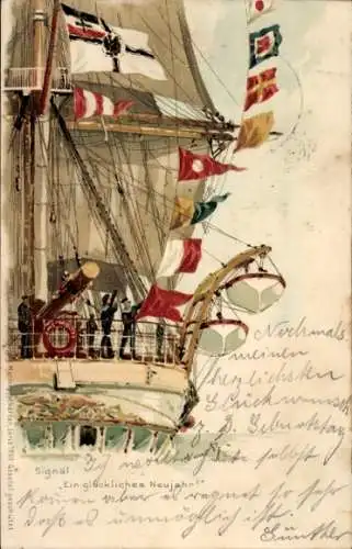Künstler Litho Bohrdt, Segelschiff mit Signalfahnen, Ein glückliches Neujahr