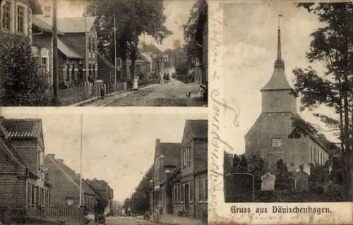 Ak Dänischenhagen in Schleswig Holstein, Kirche, Friedhof, Straßenpartien