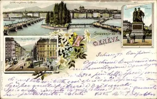 Litho Genève Genf Schweiz, Rue du Mont Blanc, Nationaldenkmal, Gesamtansicht