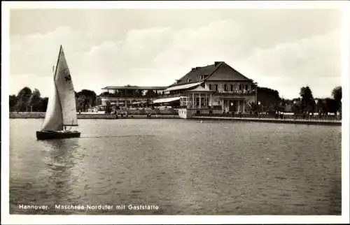 Ak Hannover, Maschsee Nordufer, Gaststätte, Segelboot