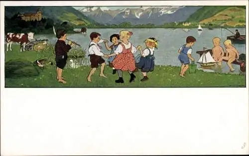 Künstler Ak Caspari, Gertrud, Frühlingslust, tanzende Kinder, Gebirge, Volkskunstverlag 137