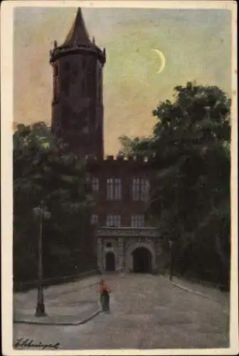 Künstler Ak Legnica Liegnitz Schlesien, Ehem. Kgl. Schloss mit Petersturm, Mond