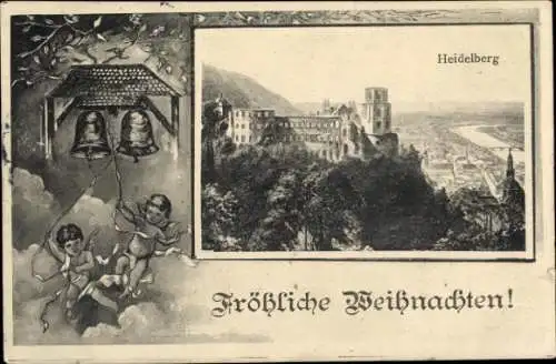 Ak Heidelberg am Neckar, Gesamtansicht, Glückwunsch Weihnachten, Glocken, Engel