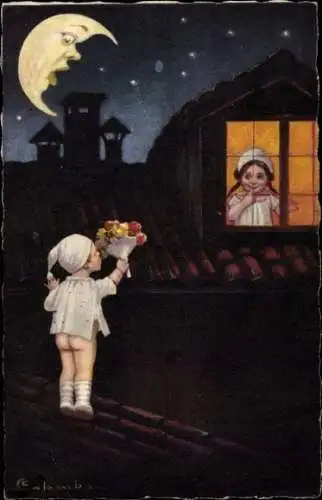 Künstler Ak Colombo, E. Liebespaar, Blumenstrauß, Mondgesicht
